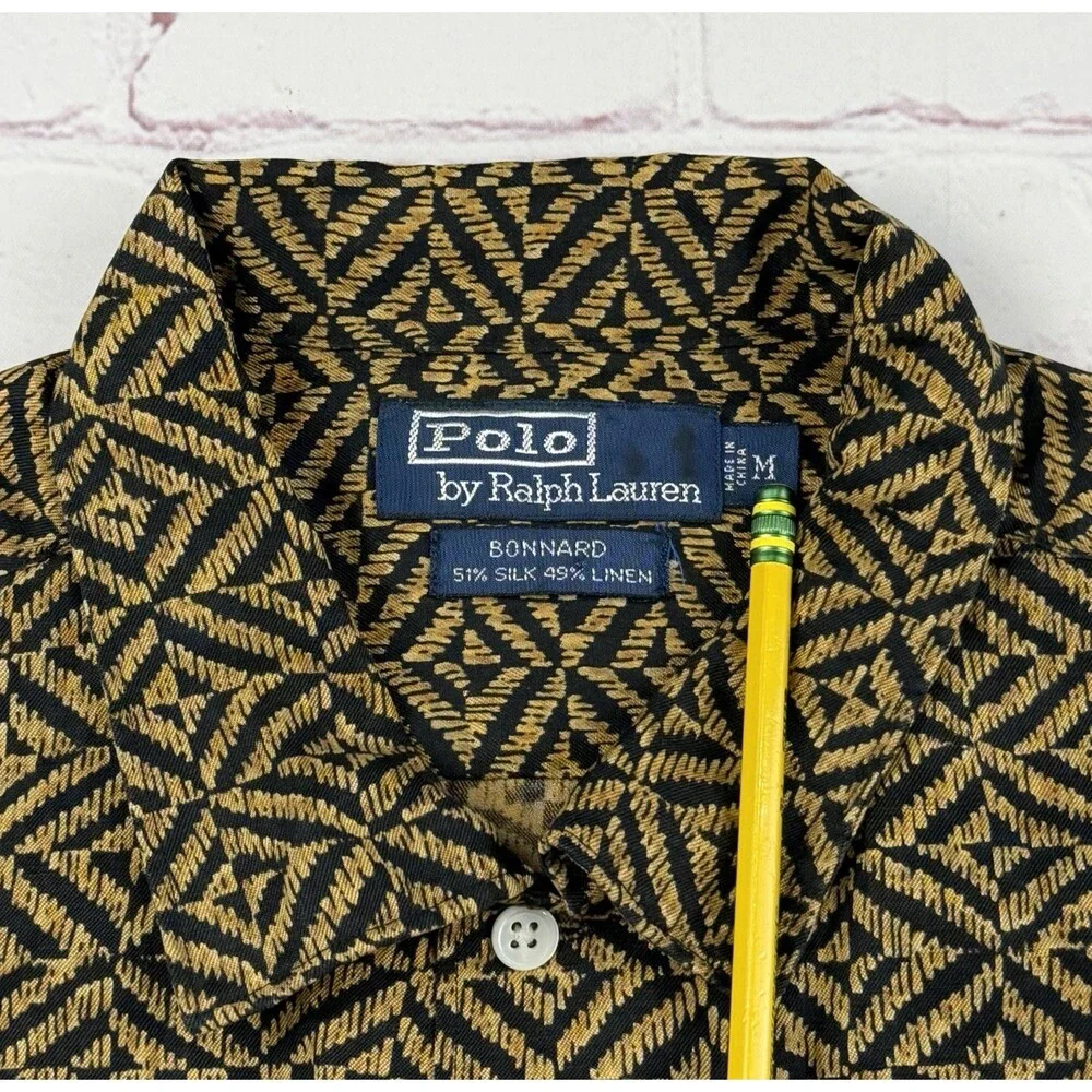 Polo Ralph Lauren Bonnard Shirt Mens MED Gold Silk Linen Geometric Camp Collar